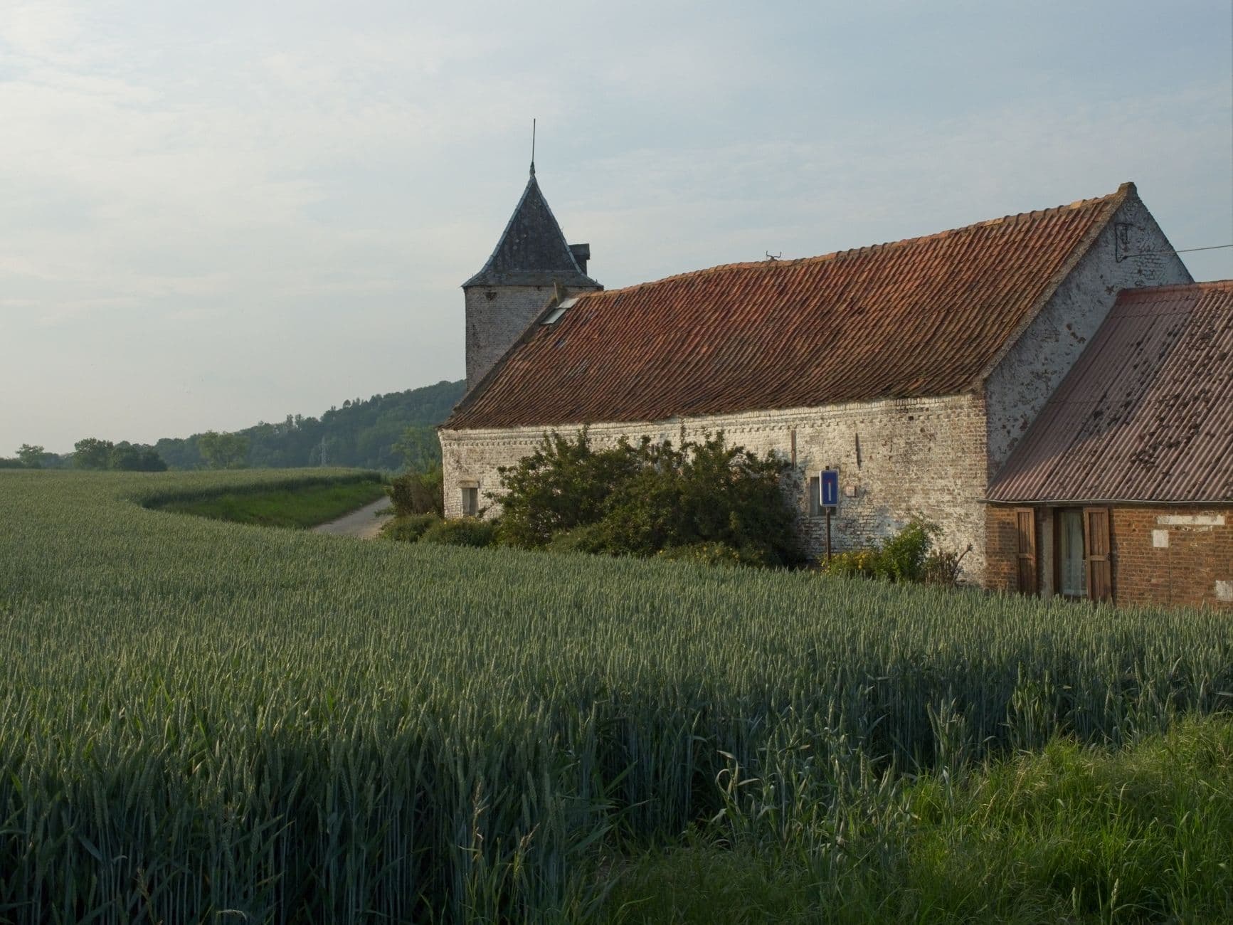 Oude kerktoren en hoeve met rood pannendak naast een groen graanveld