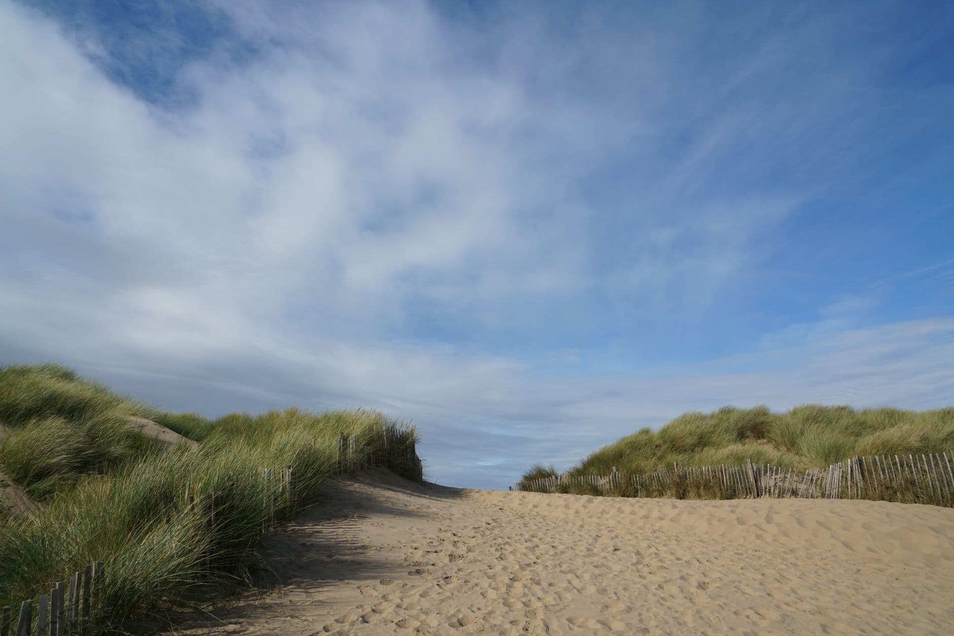 Zandpad tussen begroeide duinen met houten afsluiting onder een blauwe lucht