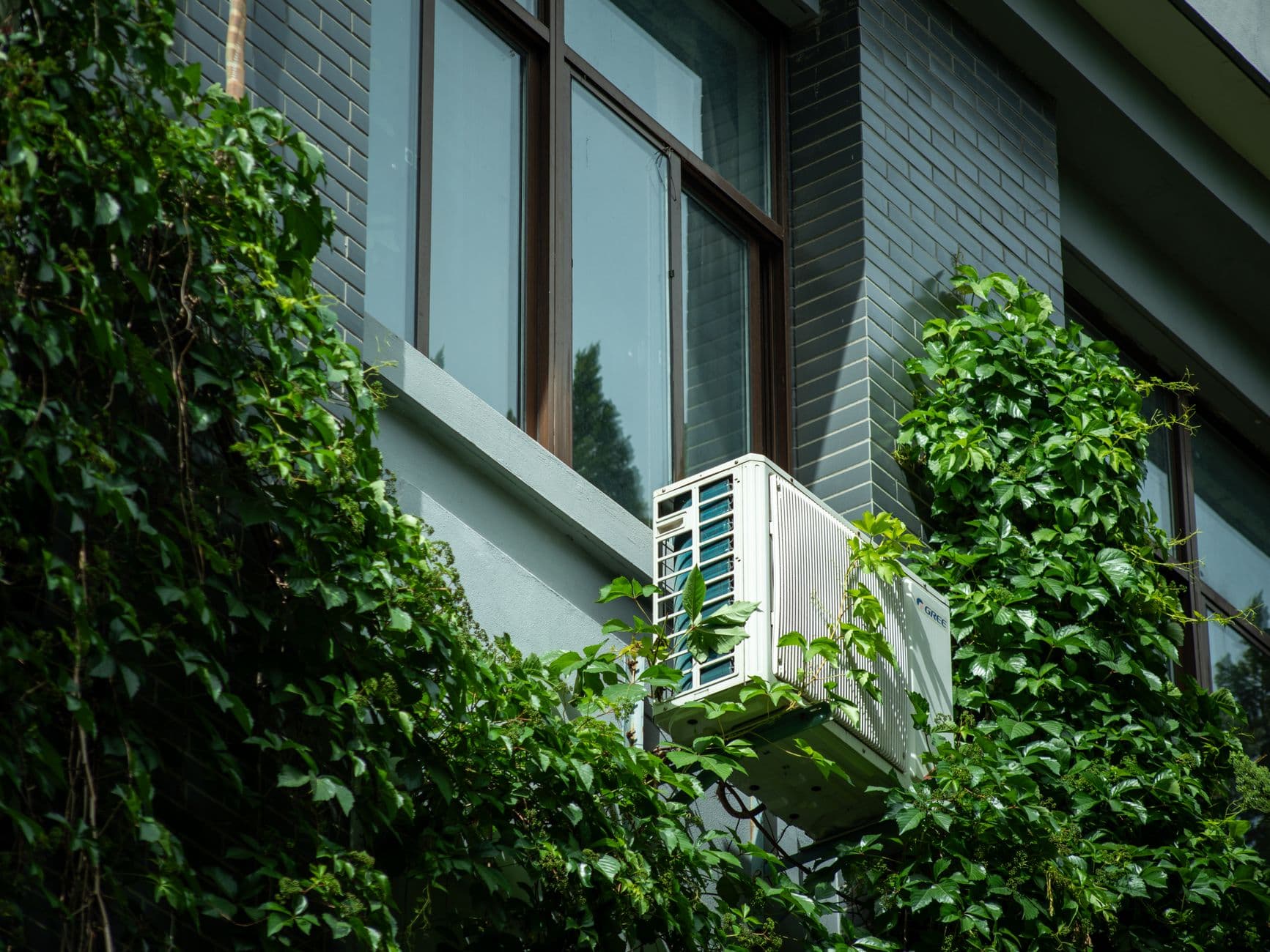 Buitenunit van een airconditioning aan een gevel, omringd door klimop
