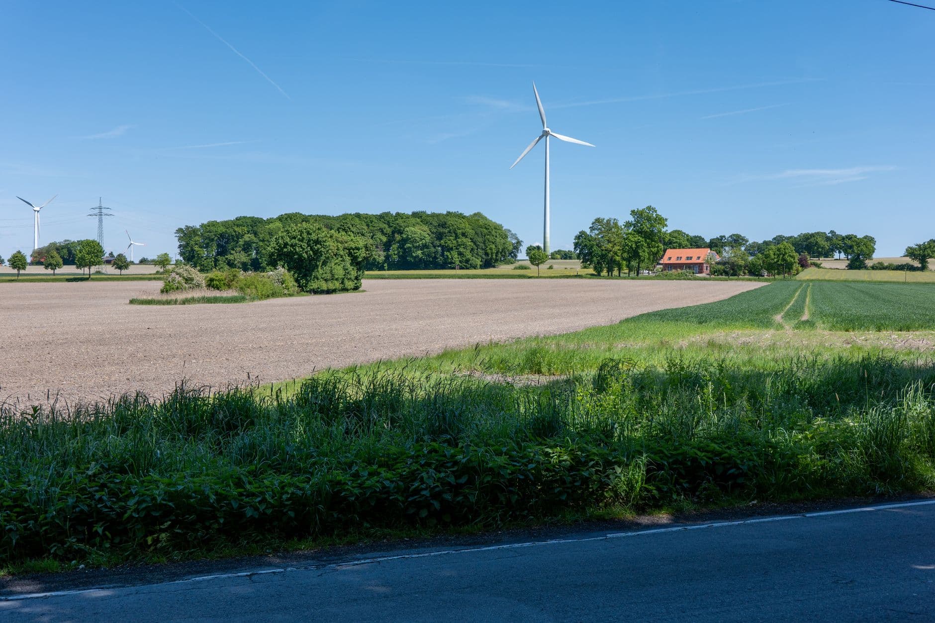 Landweg langs akkers met windturbines, een bomengroep en een hoeve met rood dak