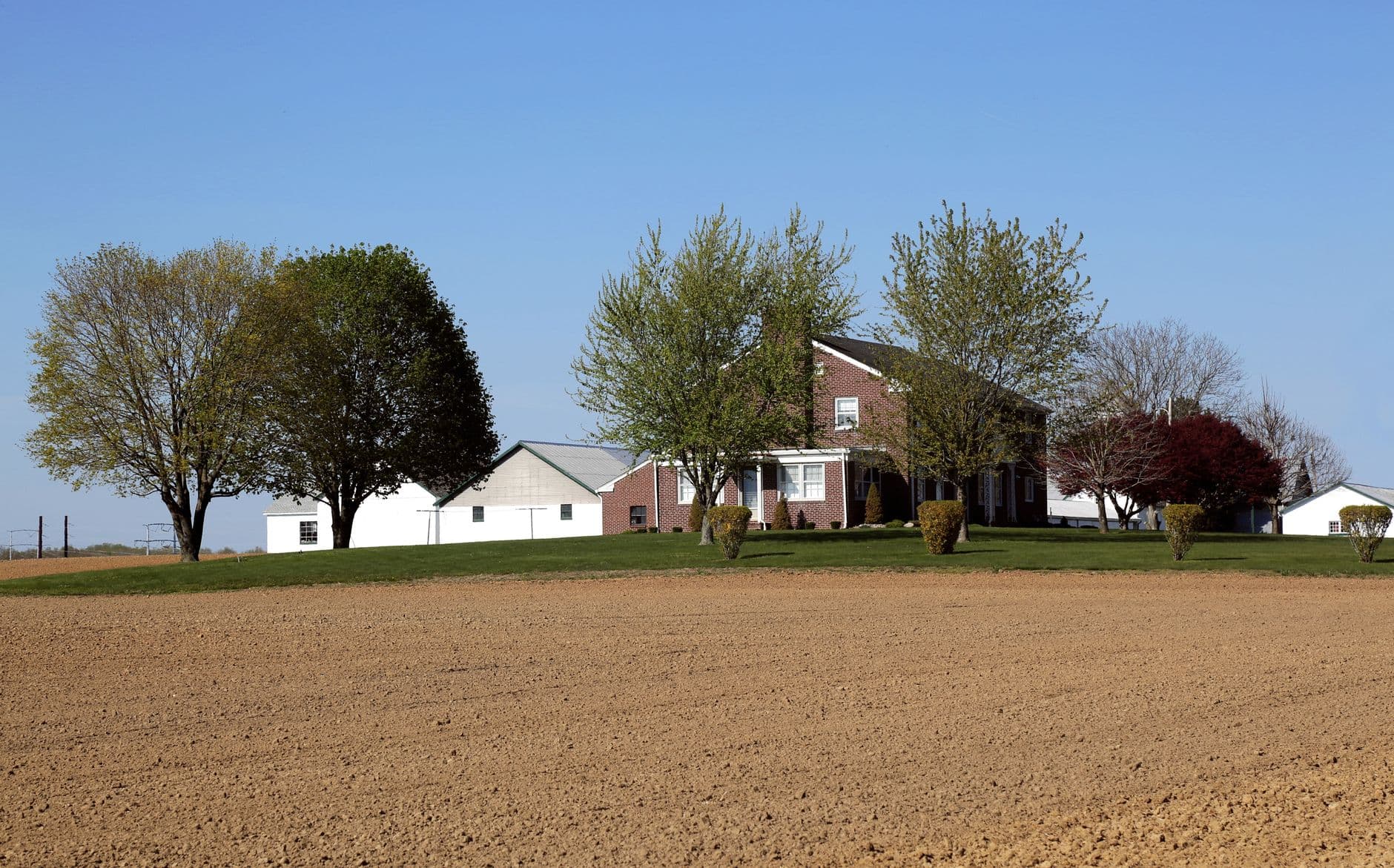Hoeve tussen bomen aan de rand van een omgeploegde akker in het voorjaar