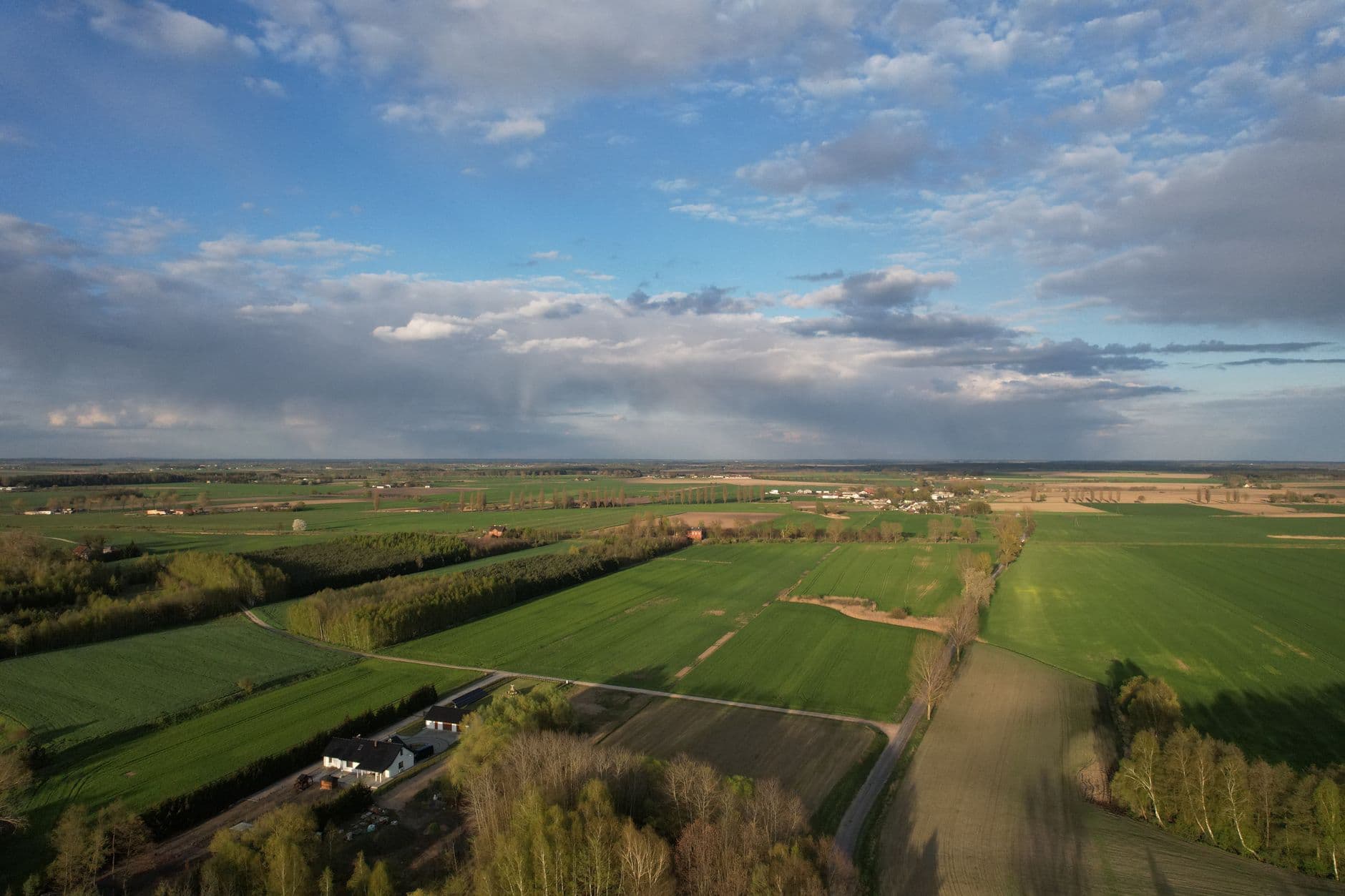 Luchtbeeld van vlakke groene akkers met bomenrijen en verspreide boerderijen onder een bewolkte lucht