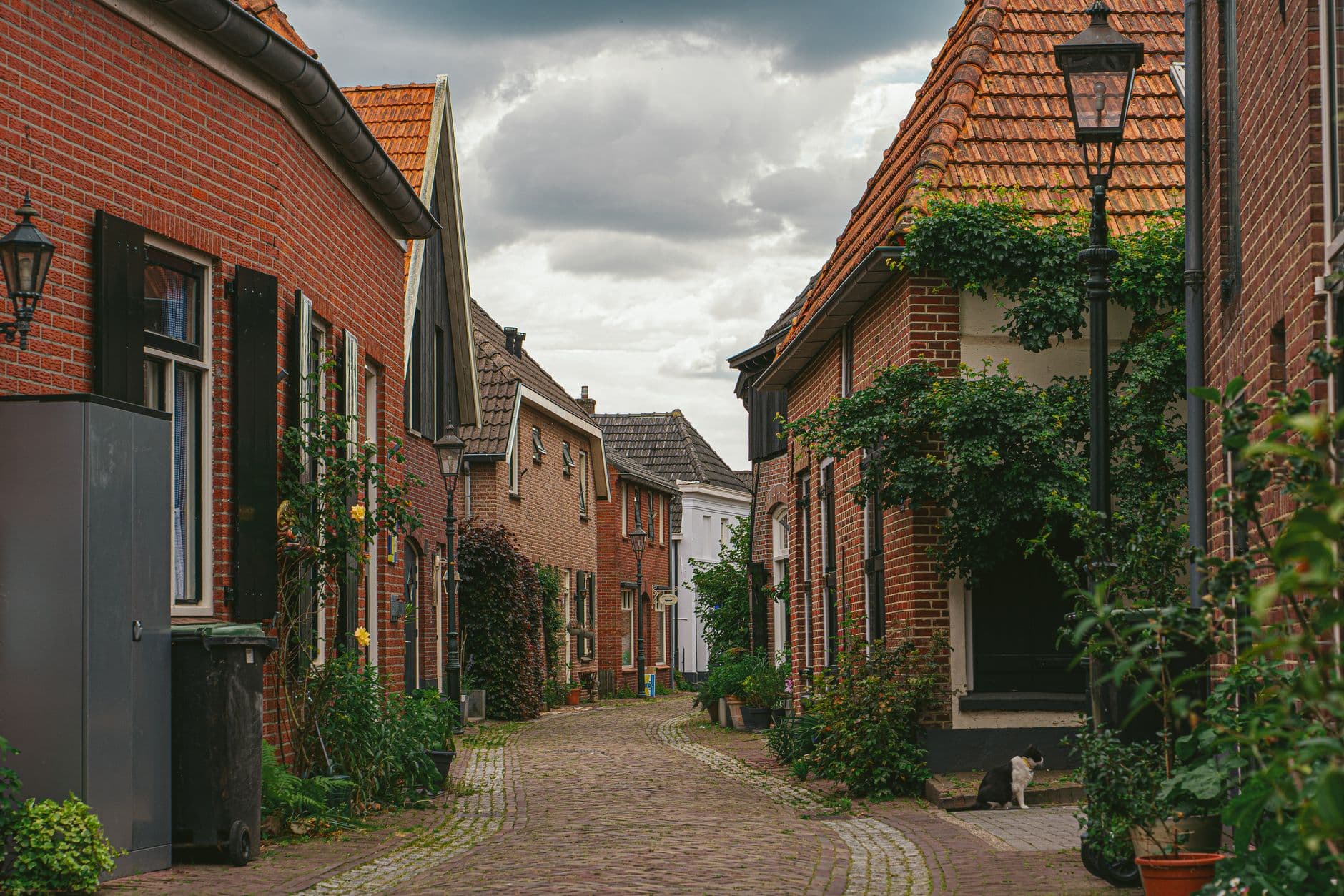 Smalle straat met kasseien, rode bakstenen huizen, klimplanten en een straatlantaarn