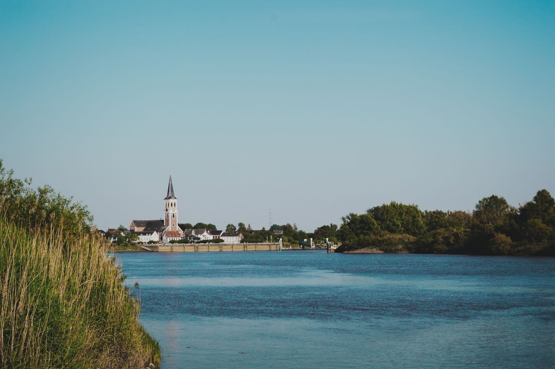 Rivieroever met riet en zicht op een dorp met witte kerktoren aan het water