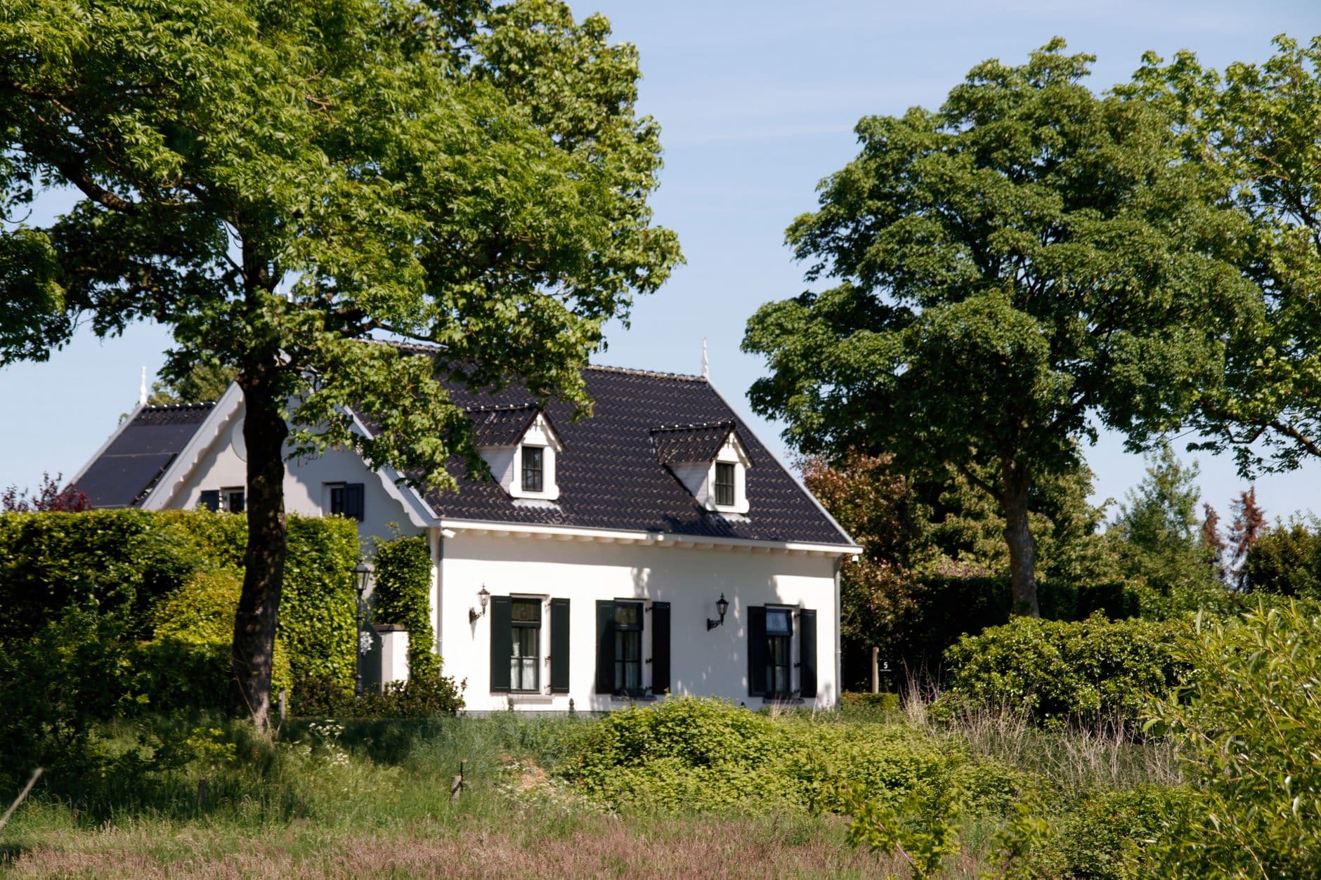 Witte woning met donker pannendak, dakkapellen en groene luiken tussen hoge bomen