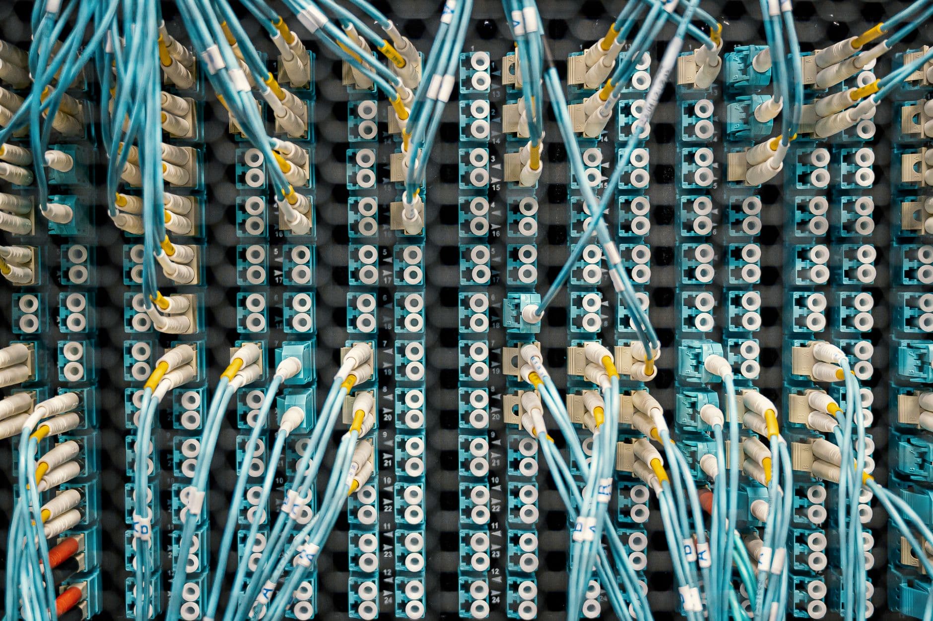 Close-up van een patchpaneel vol aangesloten glasvezelkabels en poorten