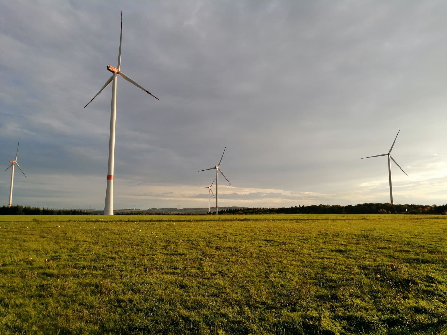 Windturbines op een groen grasveld onder een bewolkte avondlucht