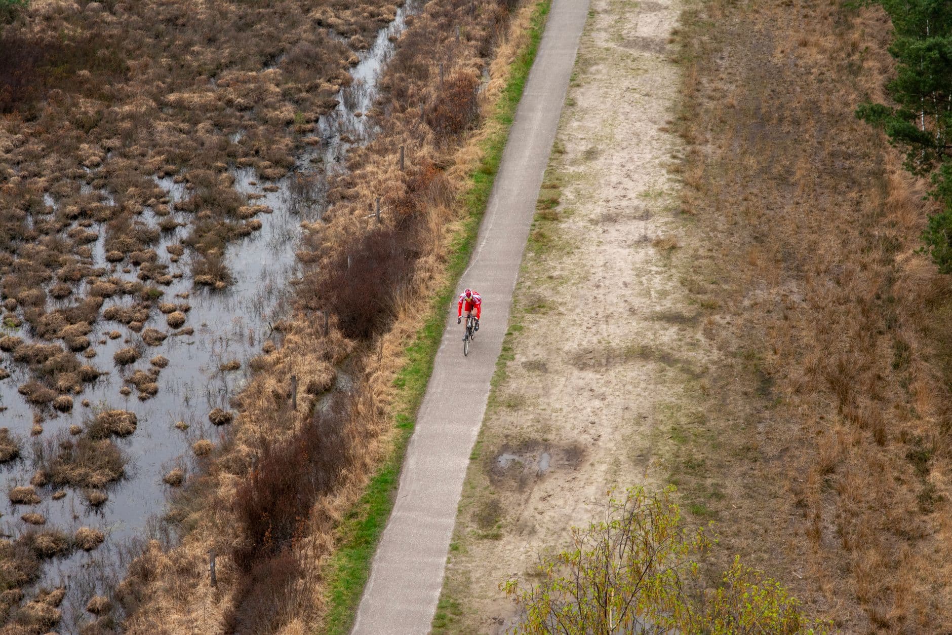 Betonnen fietspad door heide en drassig ven, van bovenaf gezien met één fietser