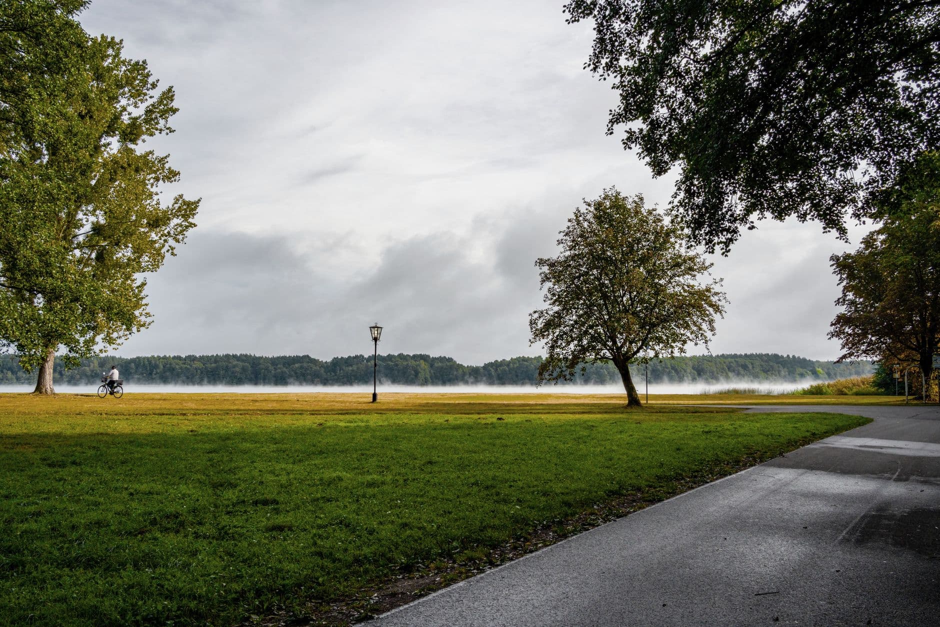 Parkgazon met lantaarnpaal en bomen aan een mistig meer, met een fietser in de verte