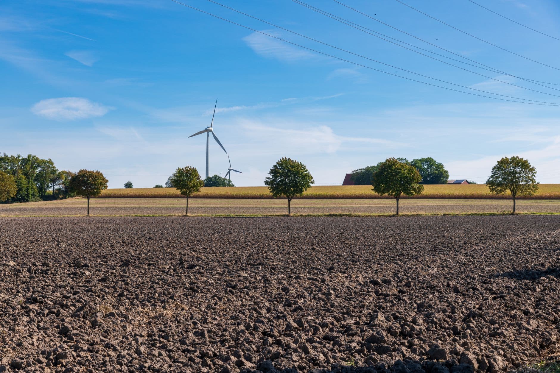 Omgeploegde akker met een bomenrij, een boerderij, hoogspanningskabels en windturbines op de achtergrond